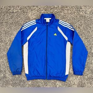 Adidas Blue Windbreaker Yellow Logo Jacket Three Stripes Full Zip Men’s Medium